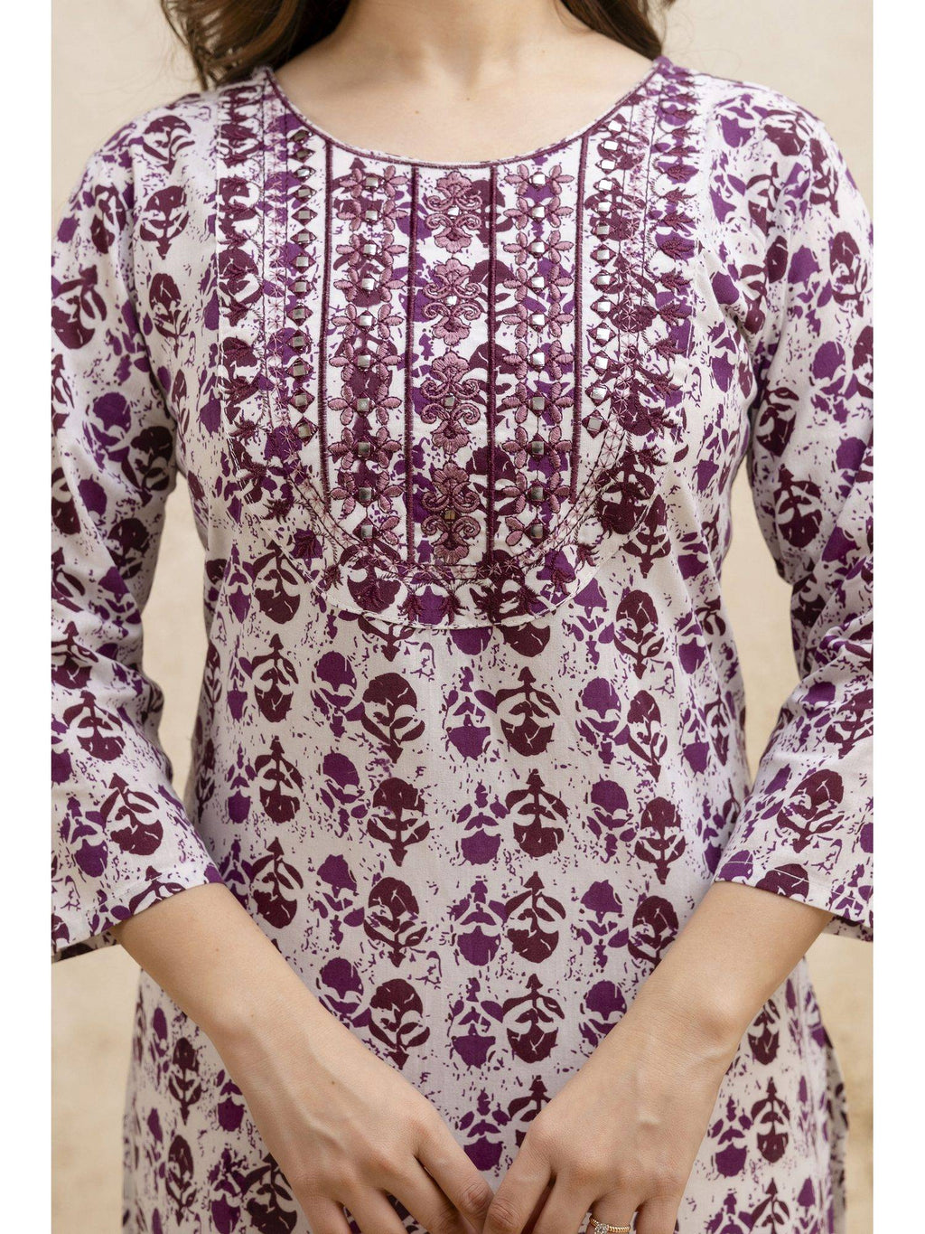 Purple Cotton Printed Embroidered Kurta | KDG - view 5