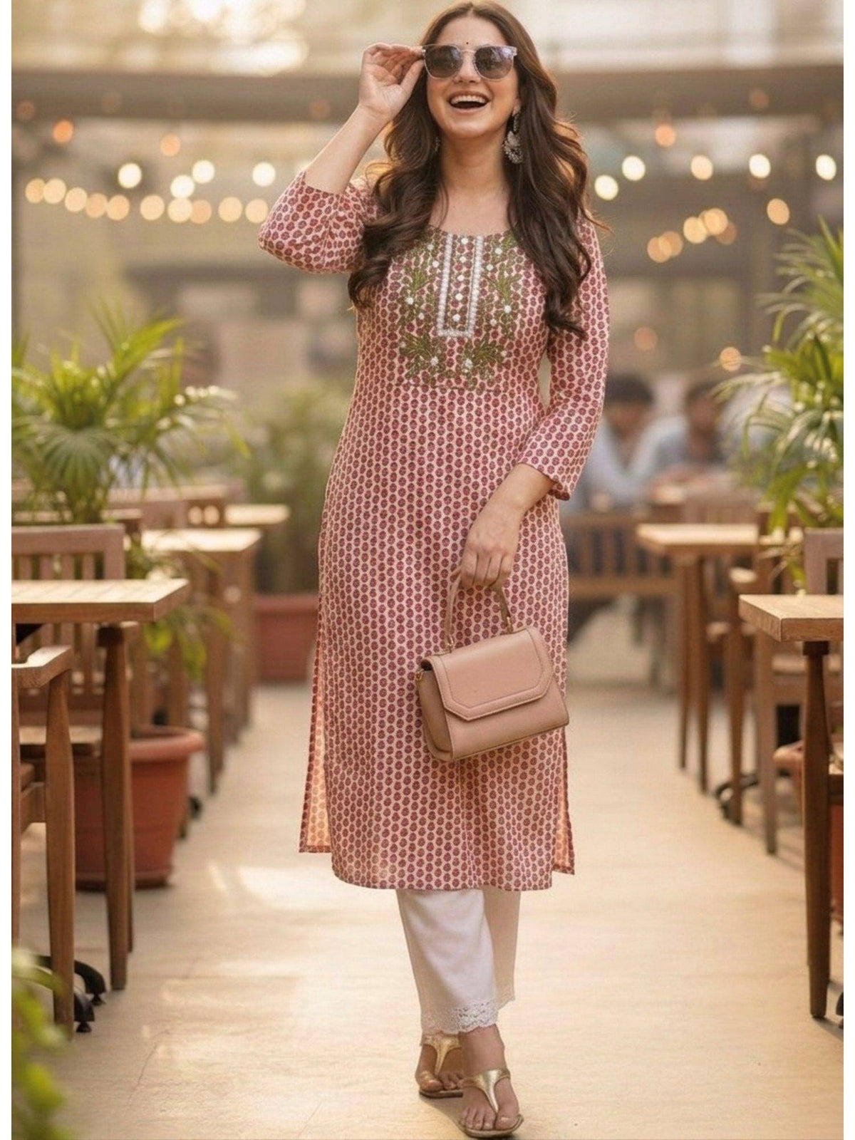Pink Cotton Printed Embroidered Kurta | U3S - view 1