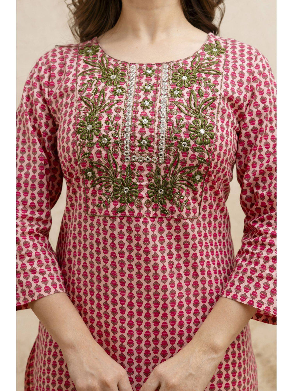 Pink Cotton Printed Embroidered Kurta | FY93 - view 5
