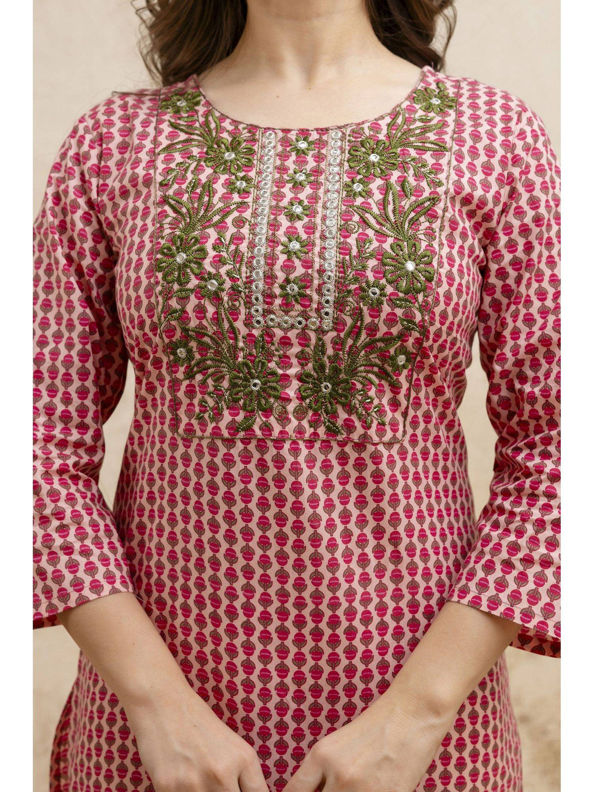 Pink Cotton Printed Embroidered Kurta | FY93 - view 5