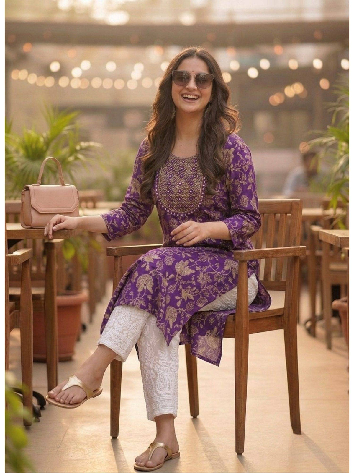 Purple Cotton Printed Embroidered Kurta | U3S - view 3