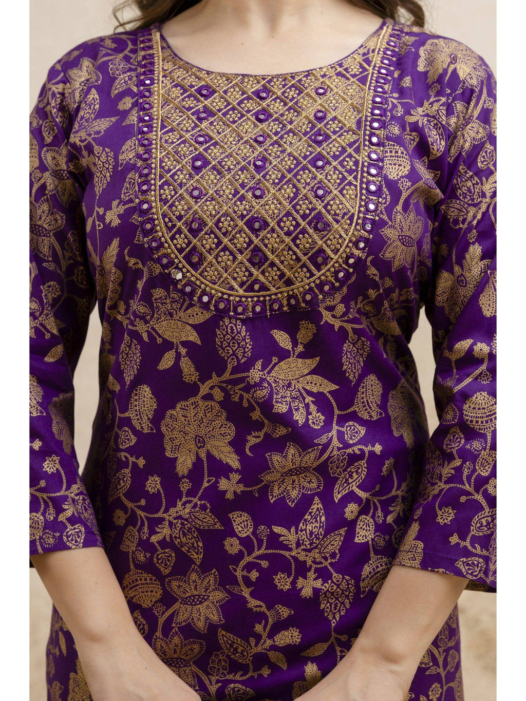 Purple Cotton Printed Embroidered Kurta | U3S - view 5