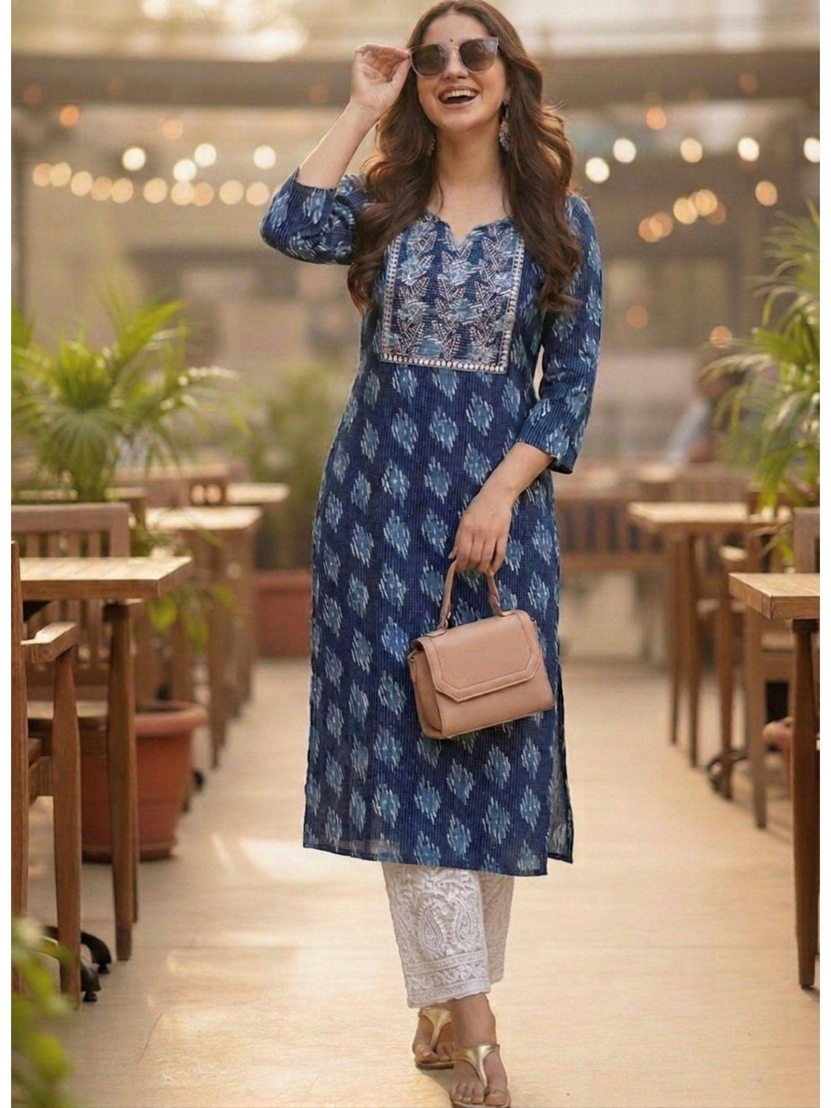 Blue Cotton Printed Embroidered Kurta | KDG - view 1