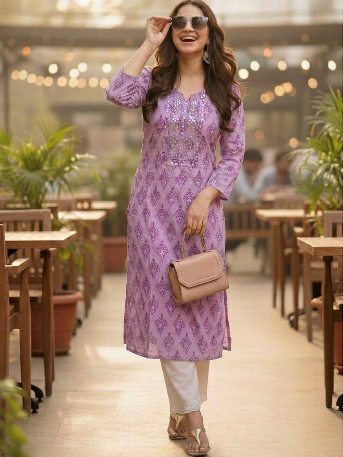 Purple Cotton Printed Embroidered Kurta | FY93 - view 1
