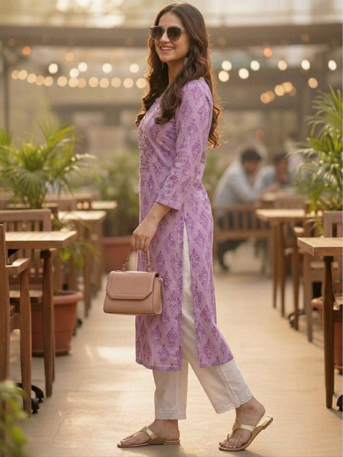 Purple Cotton Printed Embroidered Kurta | FY93 - view 4