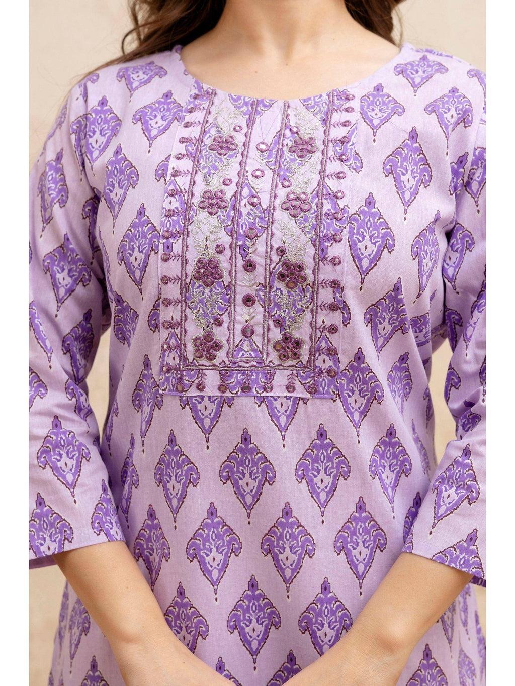 Purple Cotton Printed Embroidered Kurta | FY93 - view 5
