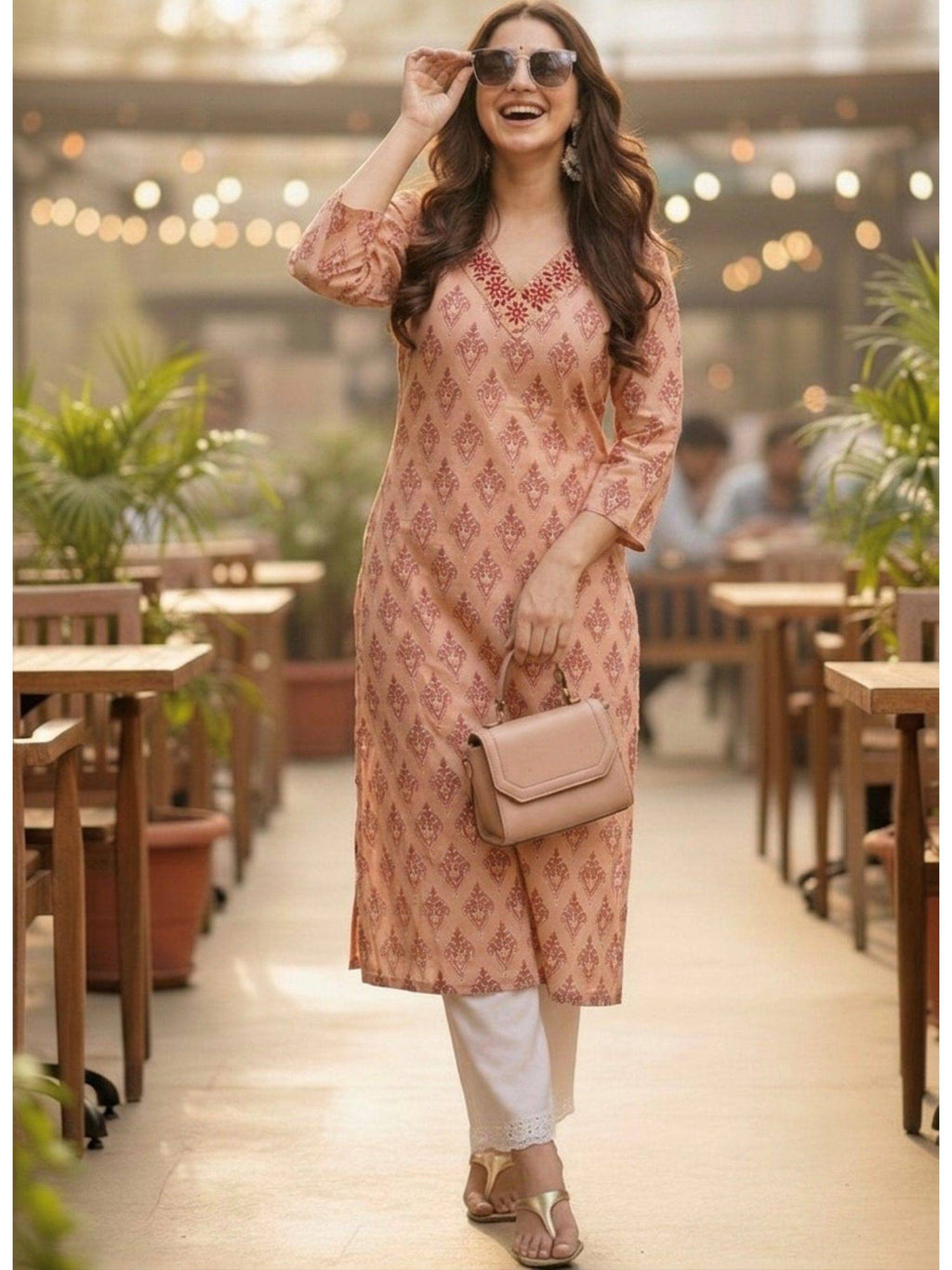 Peach Cotton Printed Embroidered Kurta | FY93 - view 1