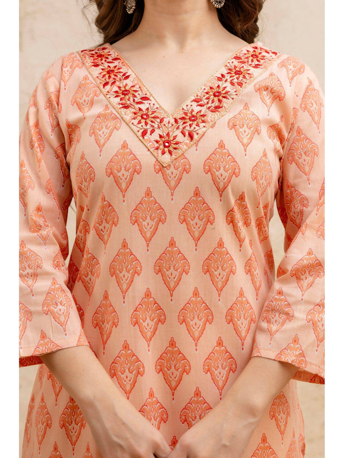 Peach Cotton Printed Embroidered Kurta | FY93 - view 5