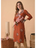 Orange Cotton Printed Embroidered Kurta | FY93 - view 1