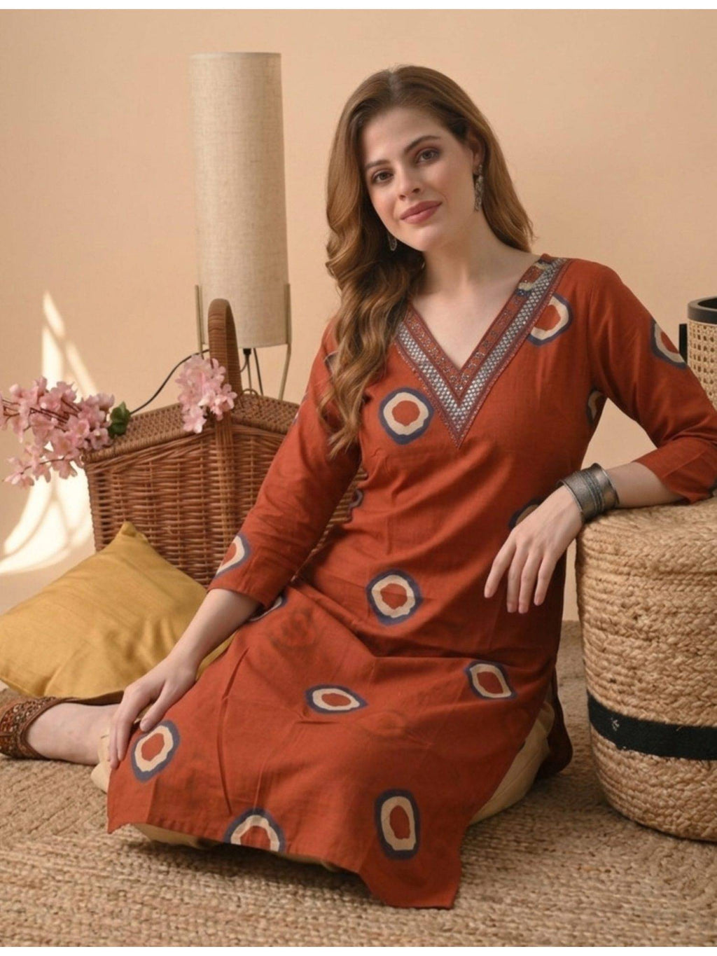 Orange Cotton Printed Embroidered Kurta | KDG - view 3