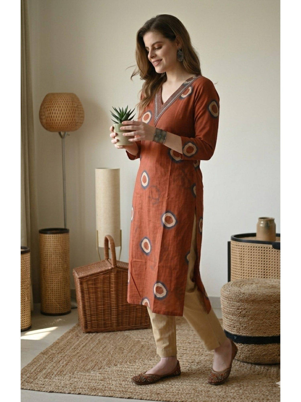 Orange Cotton Printed Embroidered Kurta | FY93 - view 4