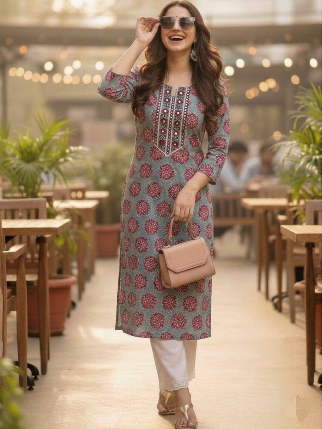Grey Cotton Printed Embroidered Kurta | U3S - view 1