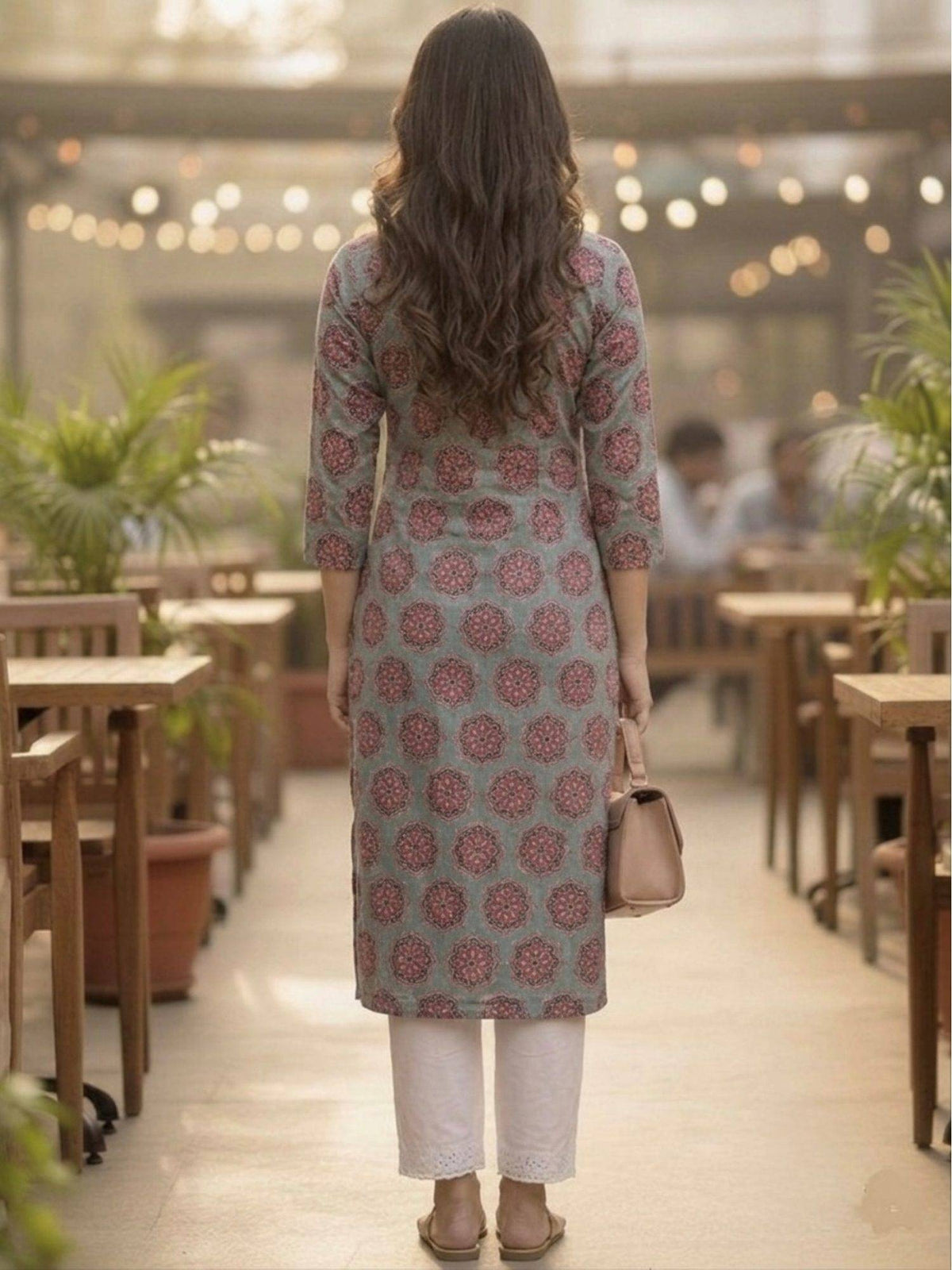 Grey Cotton Printed Embroidered Kurta | U3S - view 2
