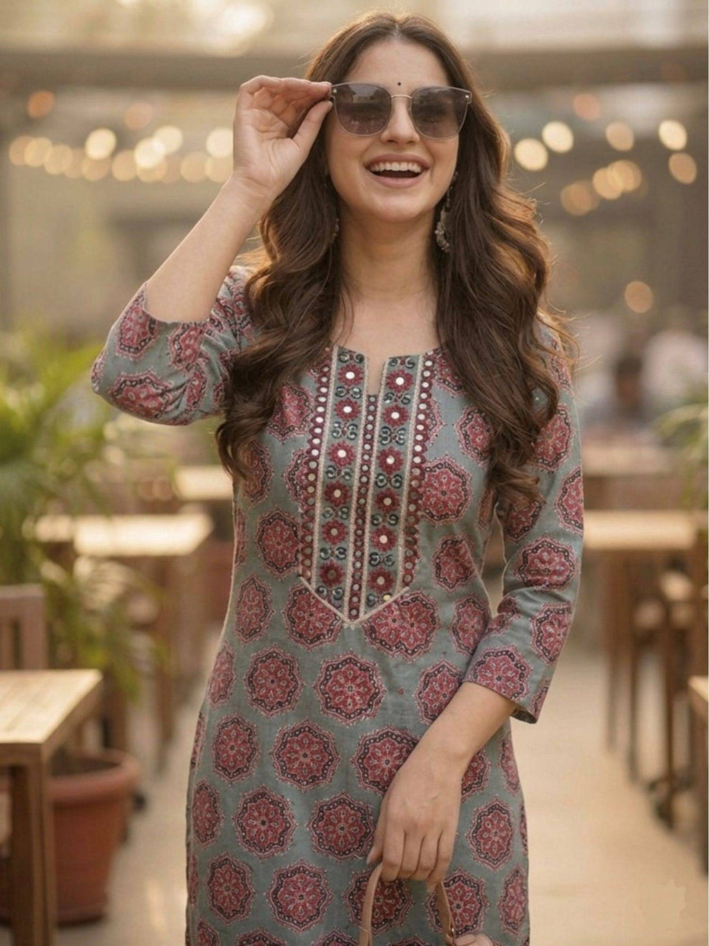 Grey Cotton Printed Embroidered Kurta | U3S - view 3