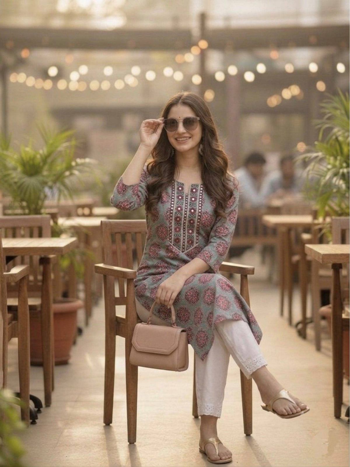 Grey Cotton Printed Embroidered Kurta | U3S - view 4