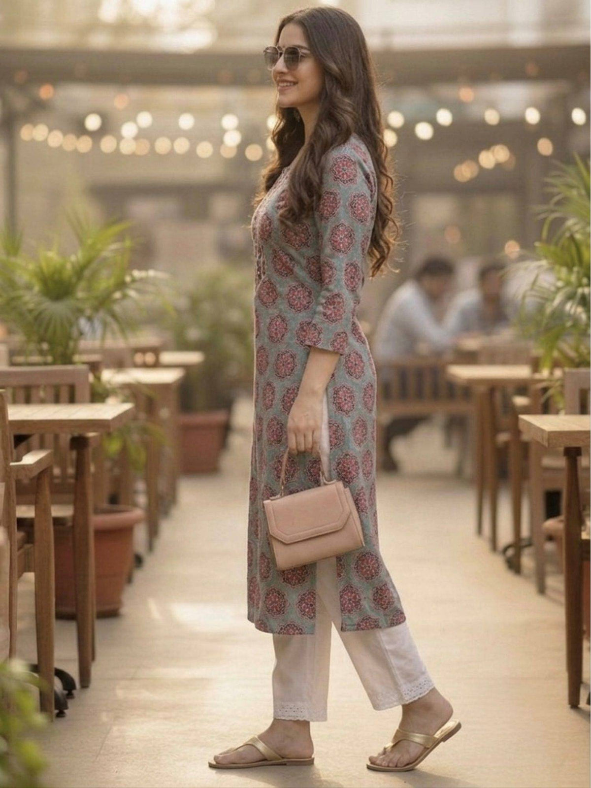Grey Cotton Printed Embroidered Kurta | U3S - view 5