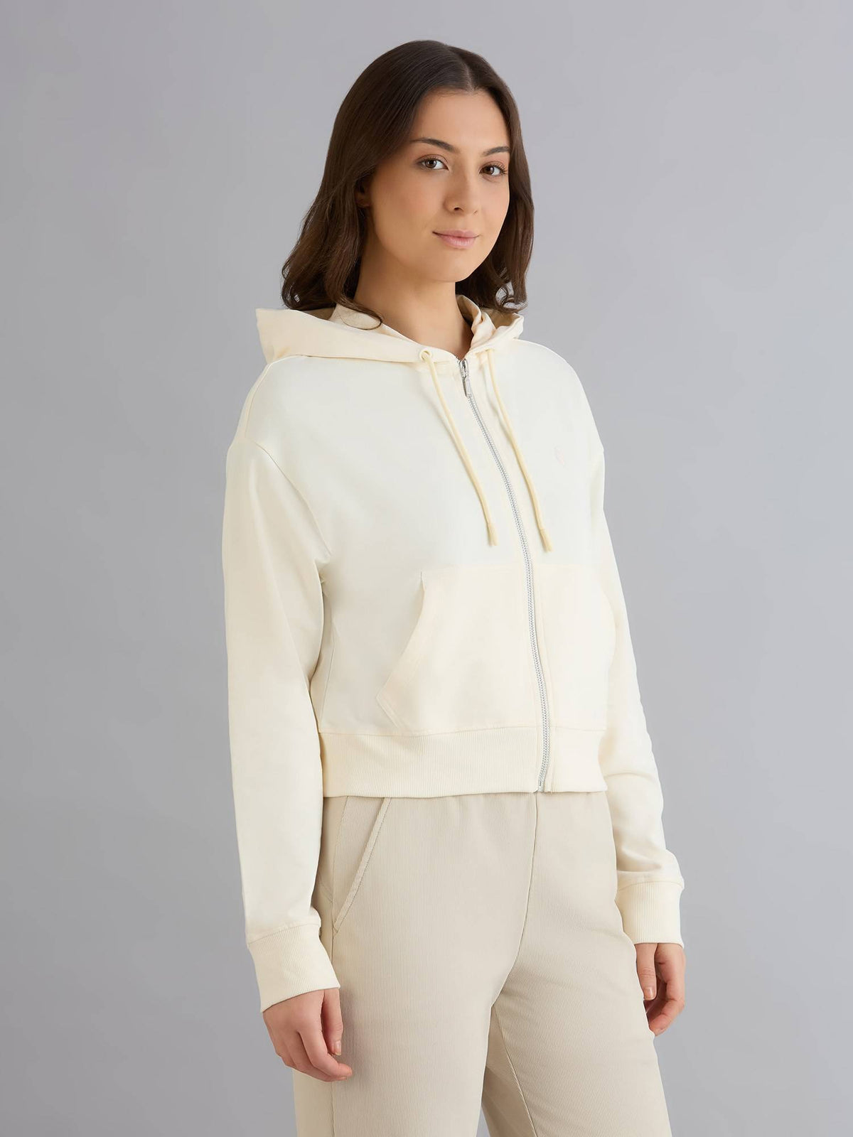 Cream Hooded Full Sleeves Zipper Hoodie | HD56 - view 3