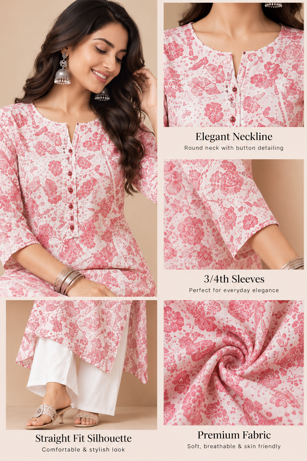 Rose Pink Floral Printed Kurta with White Bottoms