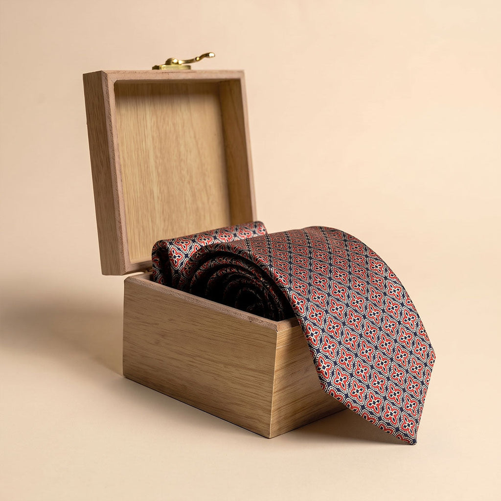 Heritage Geometric Handmade Tie & Pocket Square in Red & Navy