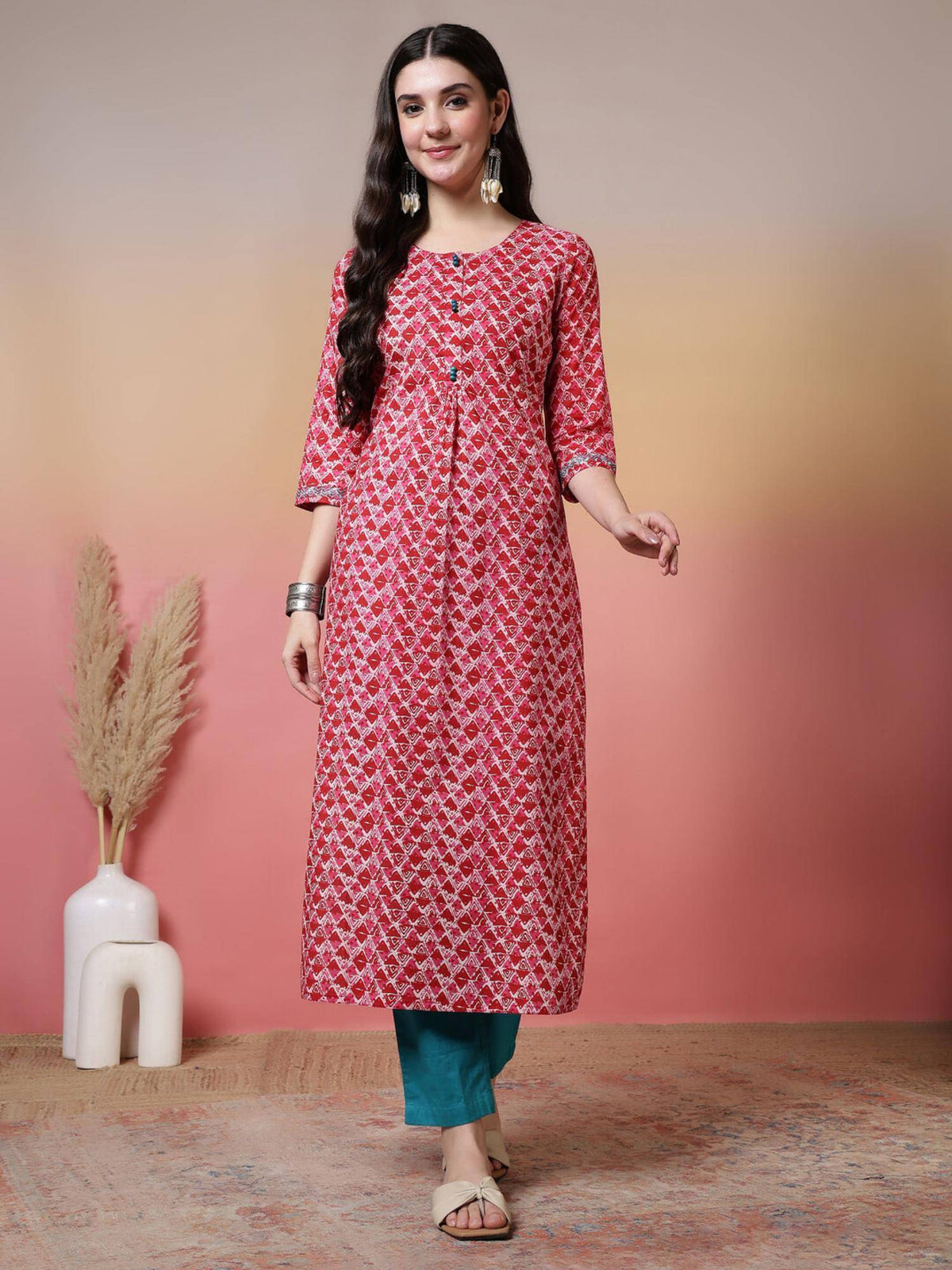 Floral Printed Straight Pure Cotton Kurta - Pink | FY93 - view 1