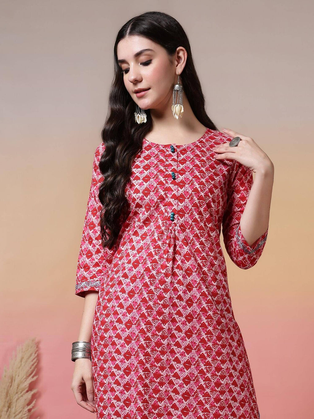 Floral Printed Straight Pure Cotton Kurta - Pink | FY93 - view 2