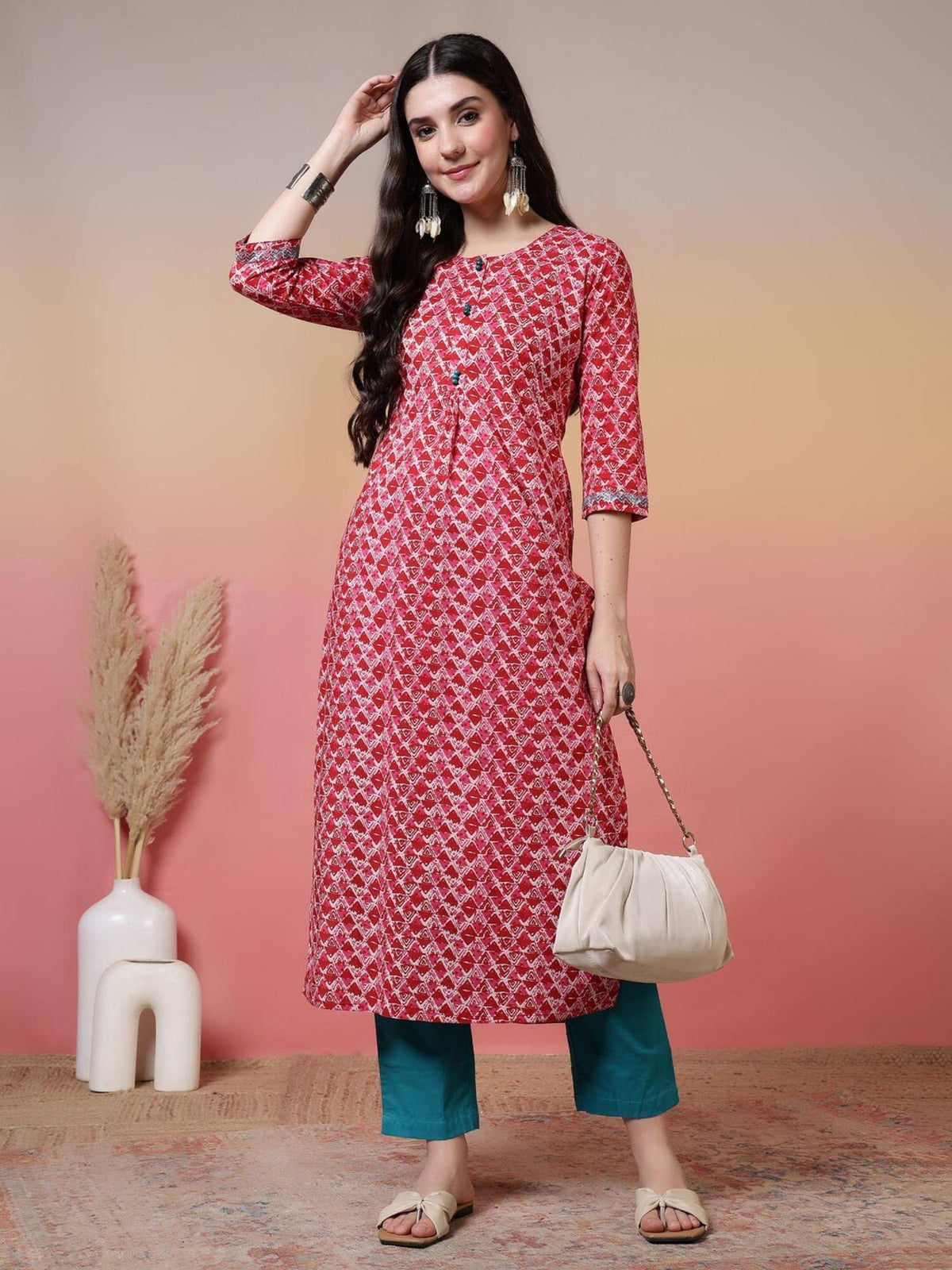 Floral Printed Straight Pure Cotton Kurta - Pink | FY93 - view 5