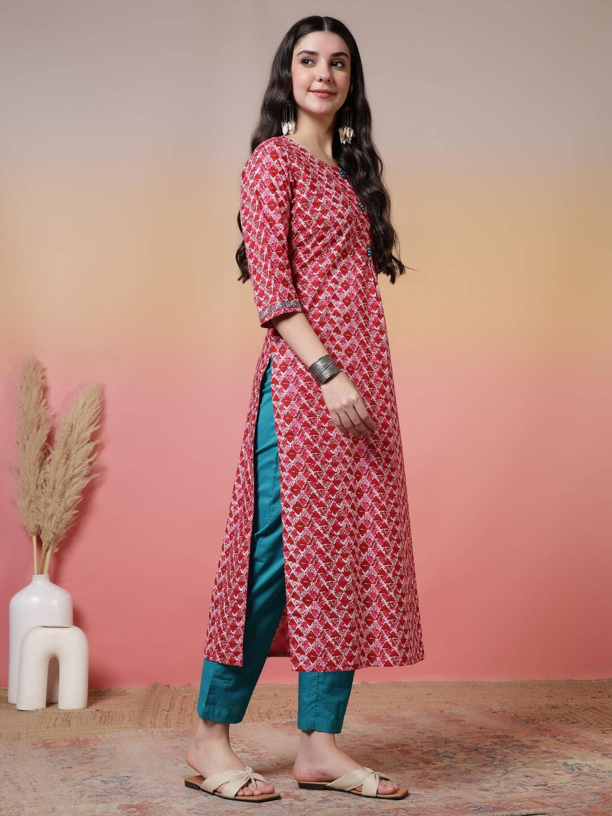 Floral Printed Straight Pure Cotton Kurta - Pink | FY93 - view 6
