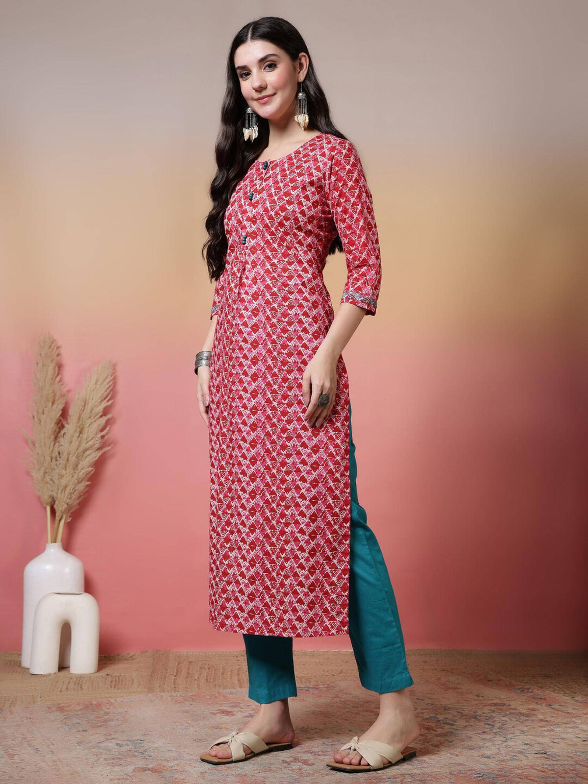 Floral Printed Straight Pure Cotton Kurta - Pink | FY93 - view 7