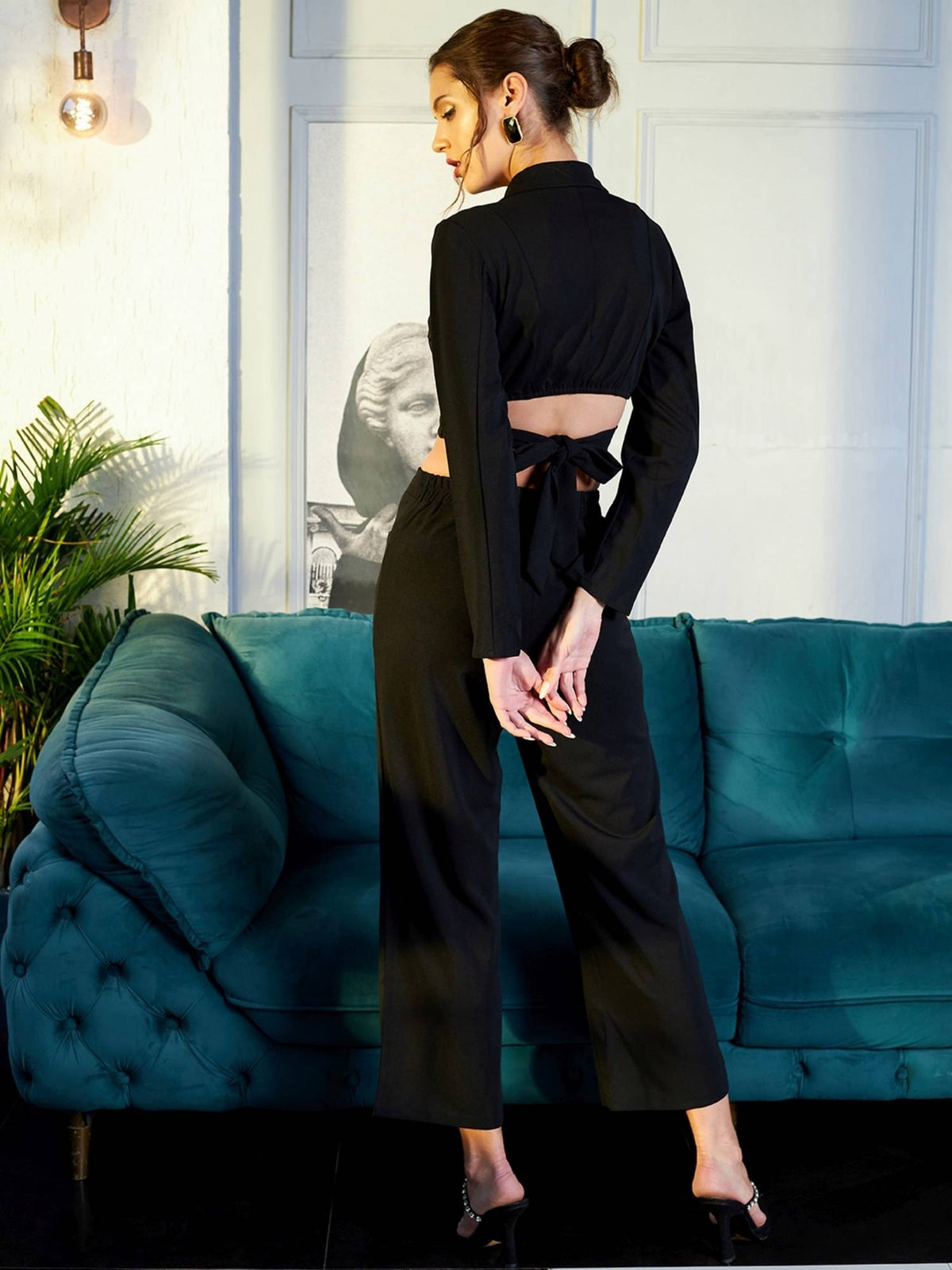 Black Lapel Collar Wrap Crop Top | CT61 - view 2