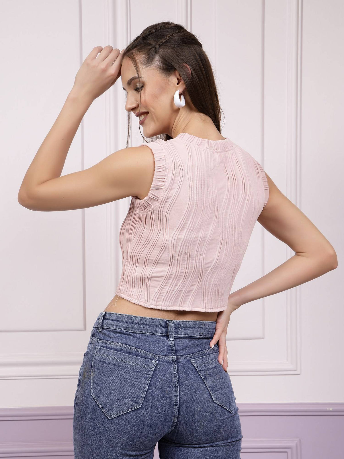 Textured Round Neck Beige Crop Top | CT61 - view 2