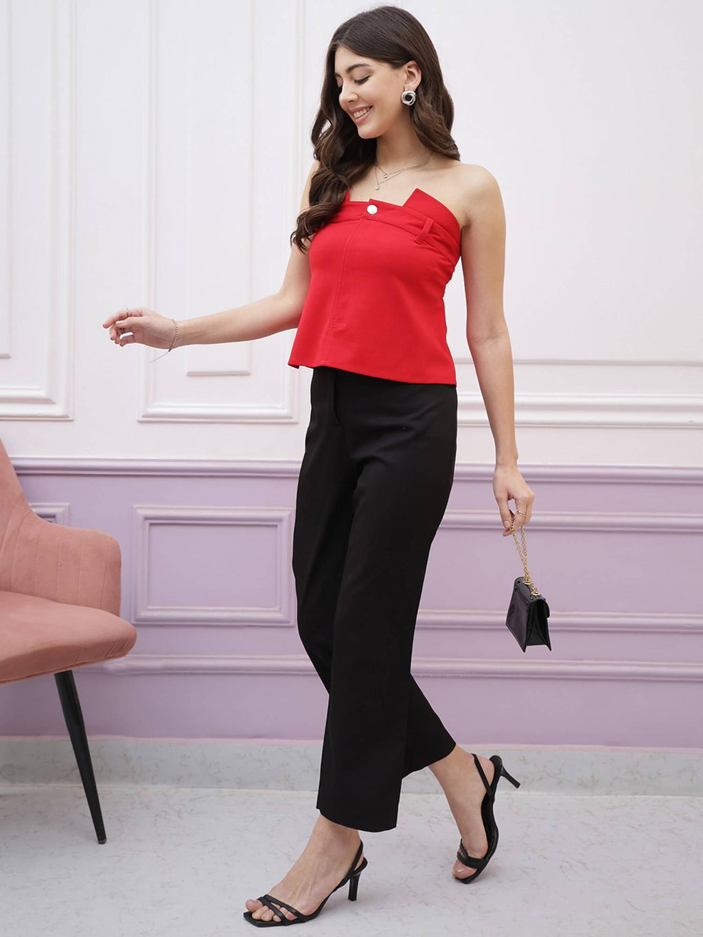Red Strapless Tie-Up Detailed Scuba Bardot Top | TT90 - view 2