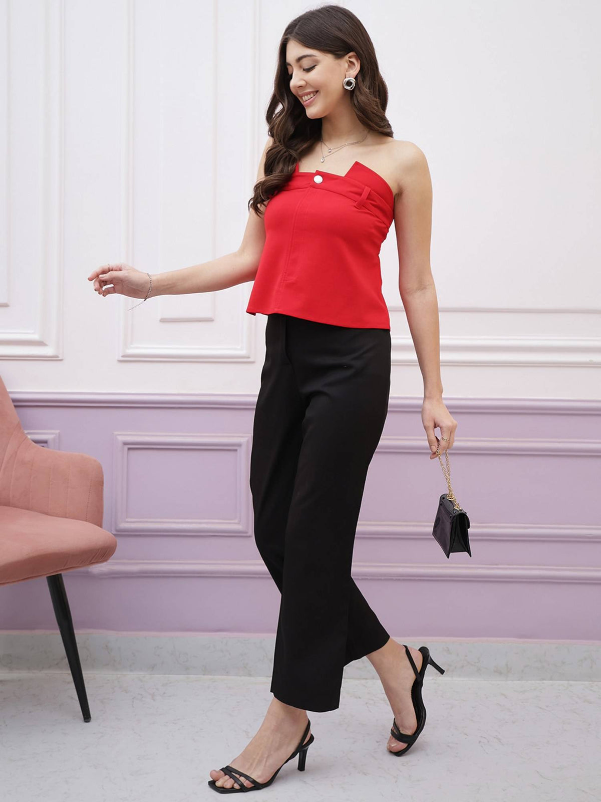 Red Strapless Tie-Up Detailed Scuba Bardot Top | TT90 - view 2