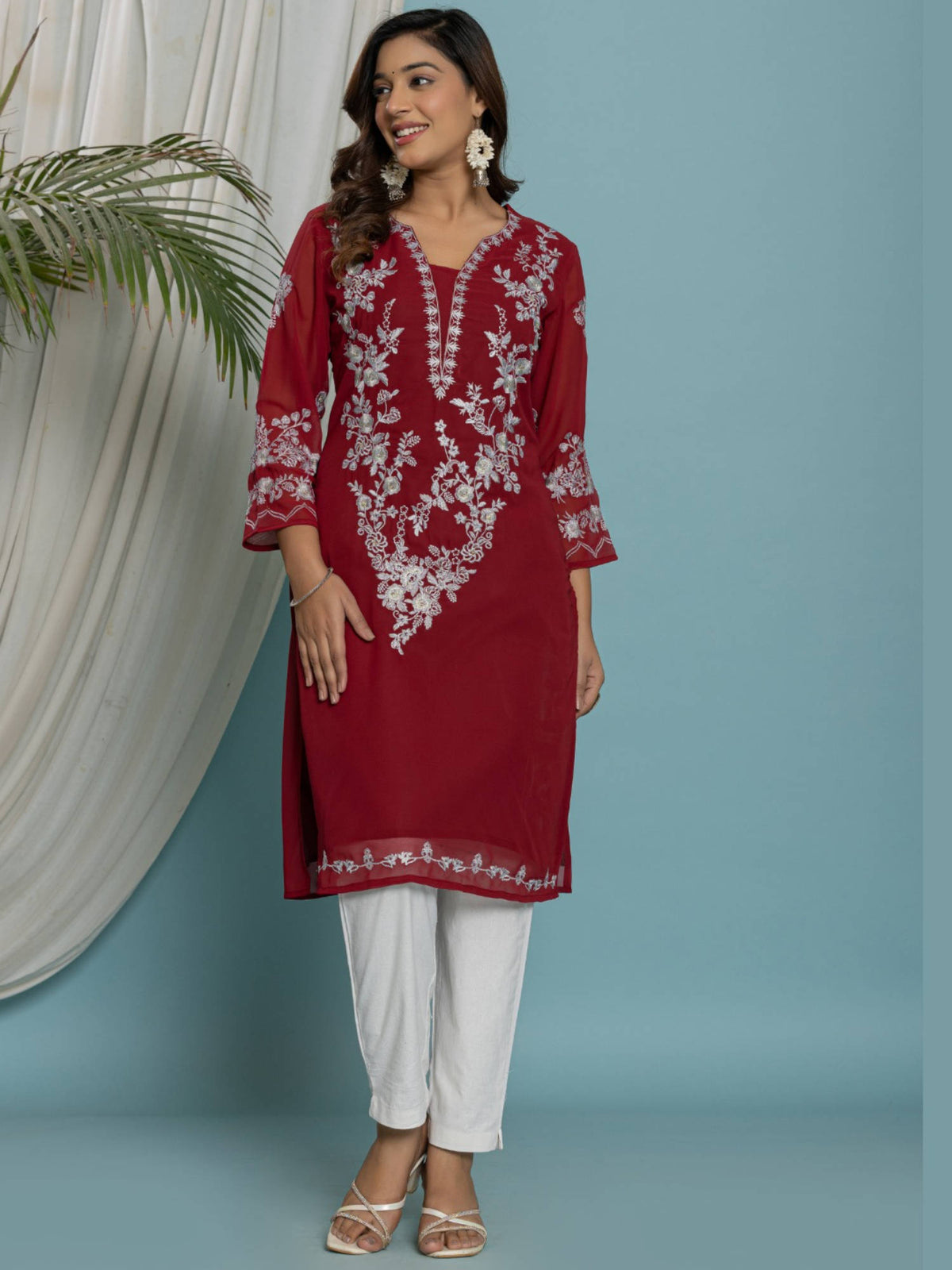 Thread Embroidered Georgette Kurta with Lining - Mustard | KDG - view 5