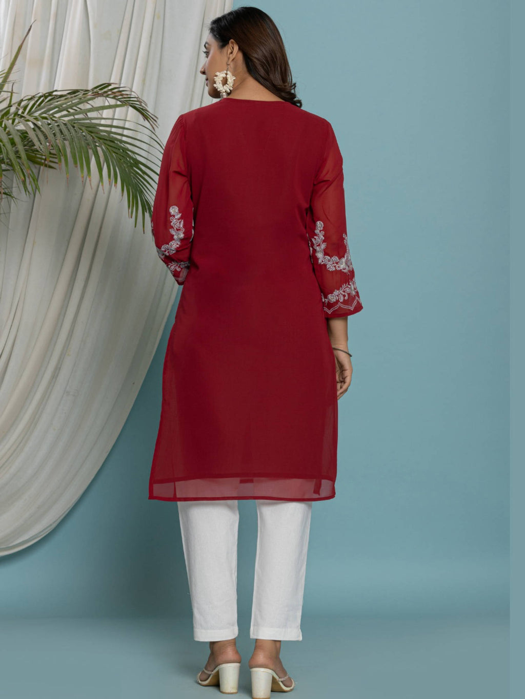 Thread Embroidered Georgette Kurta with Lining - Pink | KDG - view 6