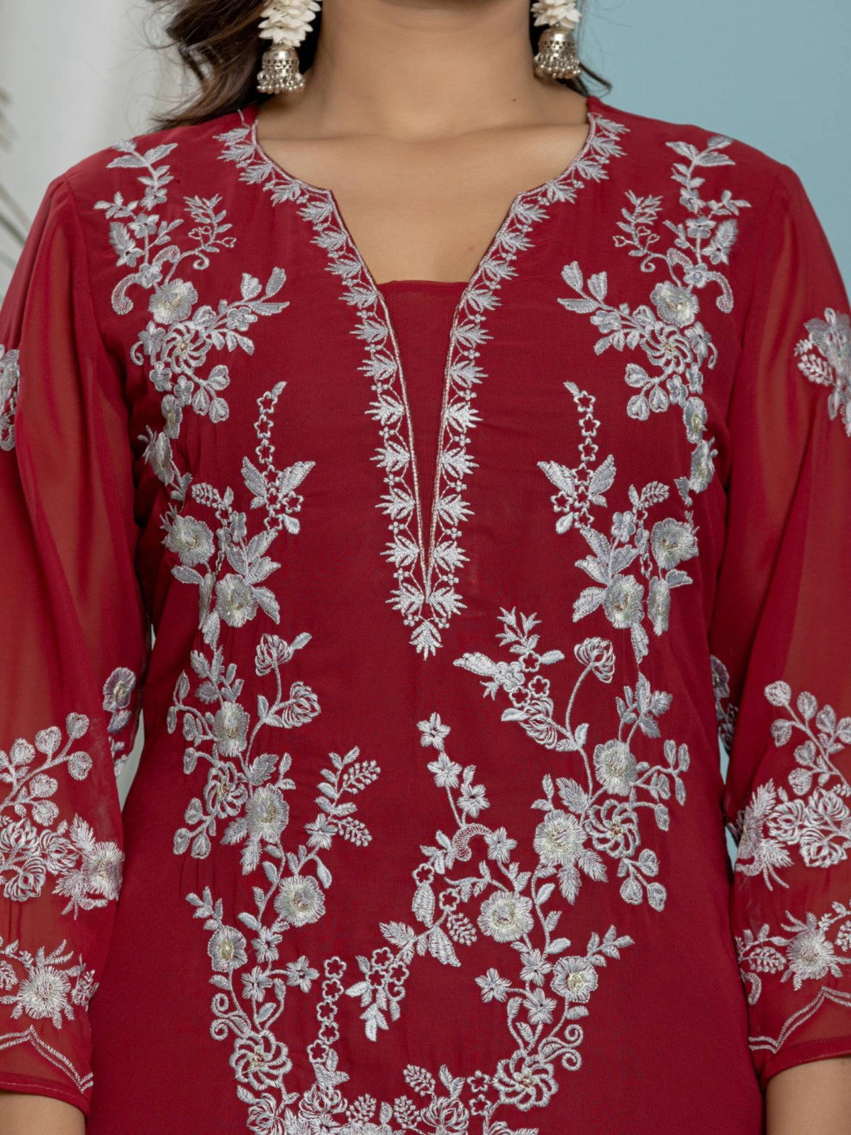 Thread Embroidered Georgette Kurta with Lining - Pink | KDG - view 7