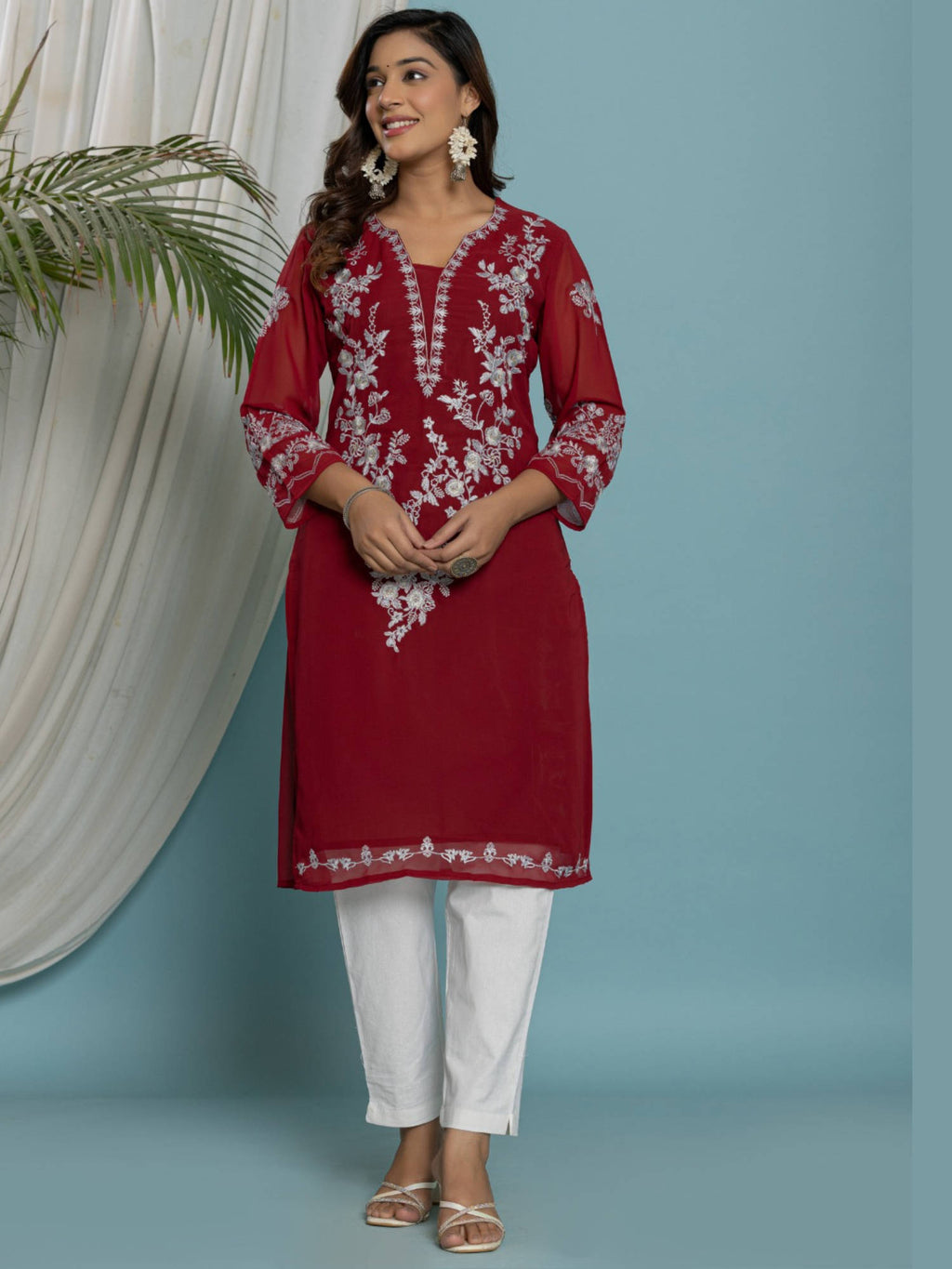 Thread Embroidered Georgette Kurta with Lining - Mustard | FY93 - view 8
