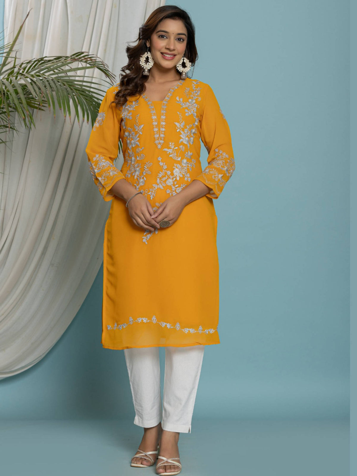 Thread Embroidered Georgette Kurta with Lining - Mustard | KDG - view 1