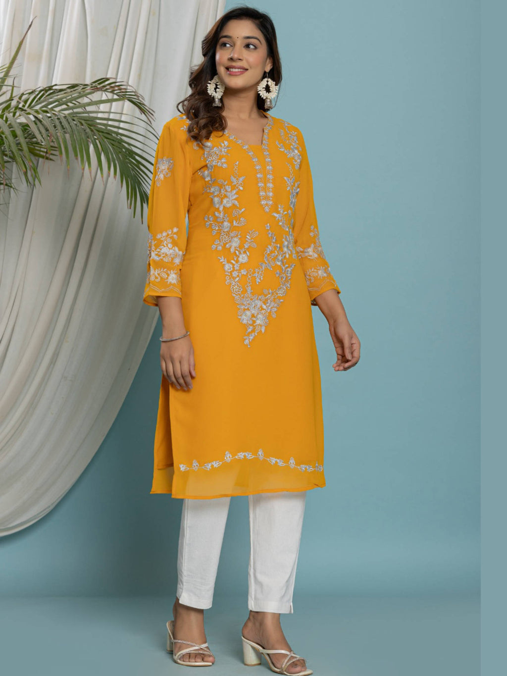 Thread Embroidered Georgette Kurta with Lining - Pink | KDG - view 16