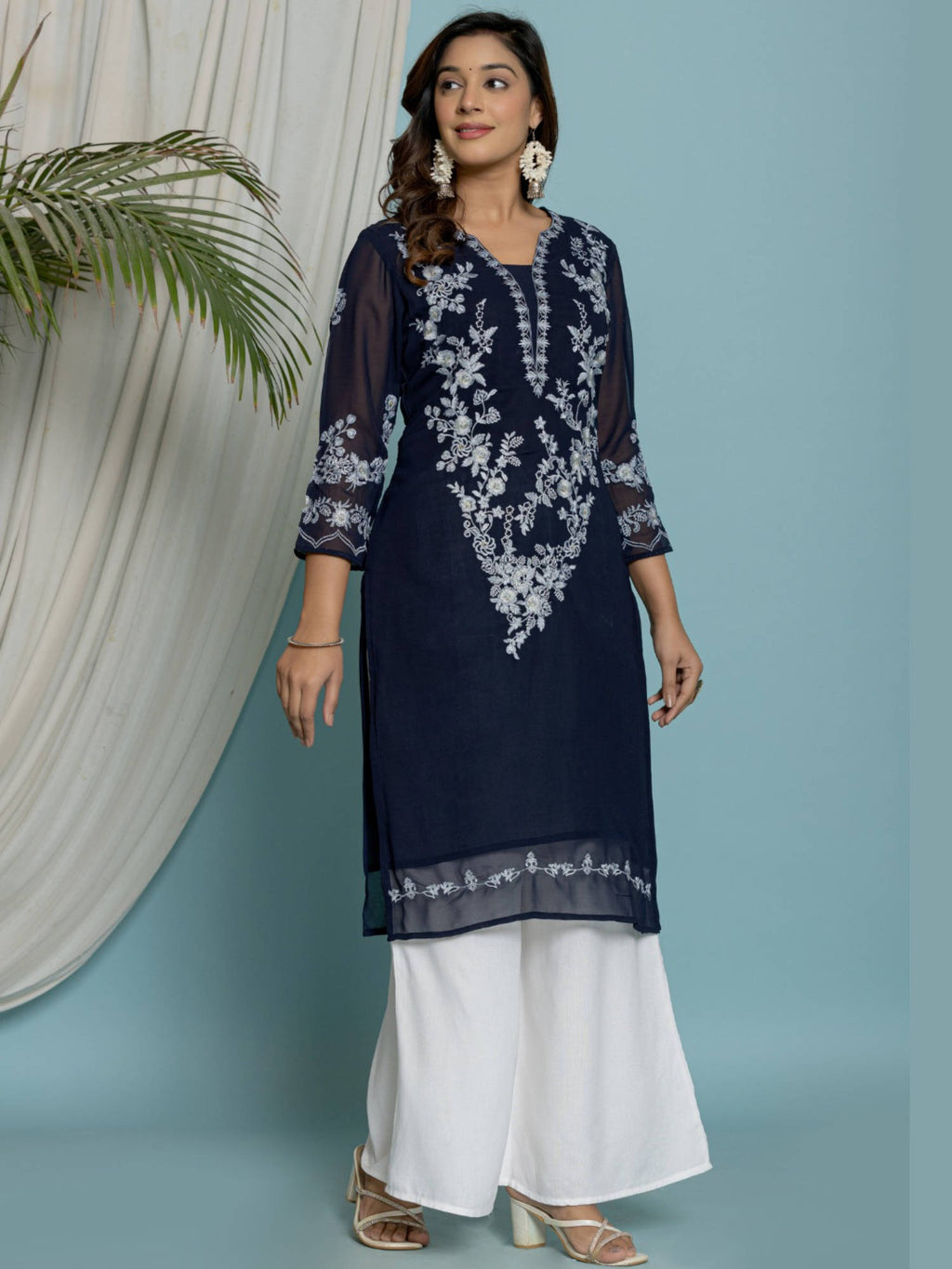 Thread Embroidered Georgette Kurta with Lining - Pink | KDG - view 9