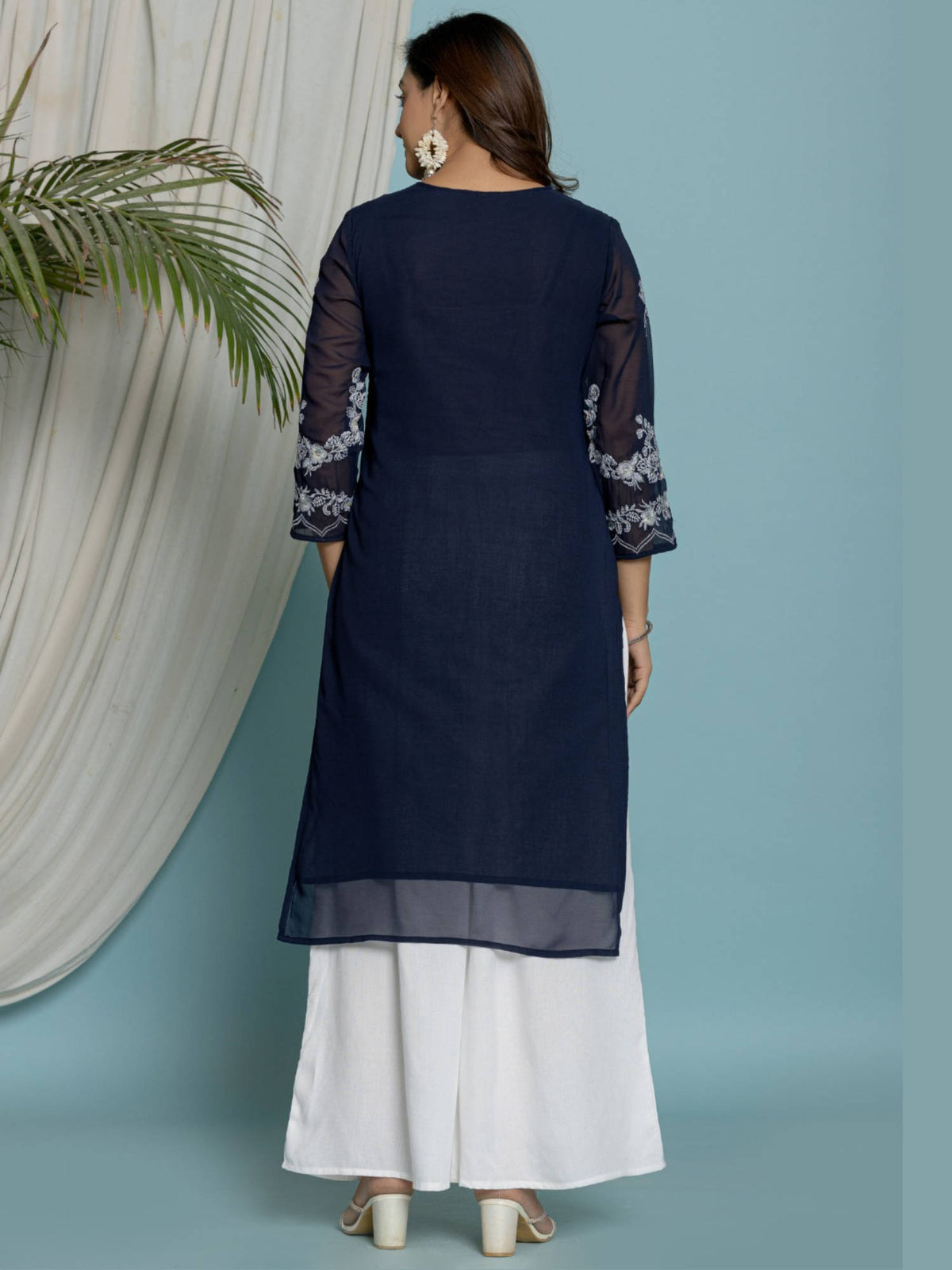 Thread Embroidered Georgette Kurta with Lining - Mustard | U3S - view 14