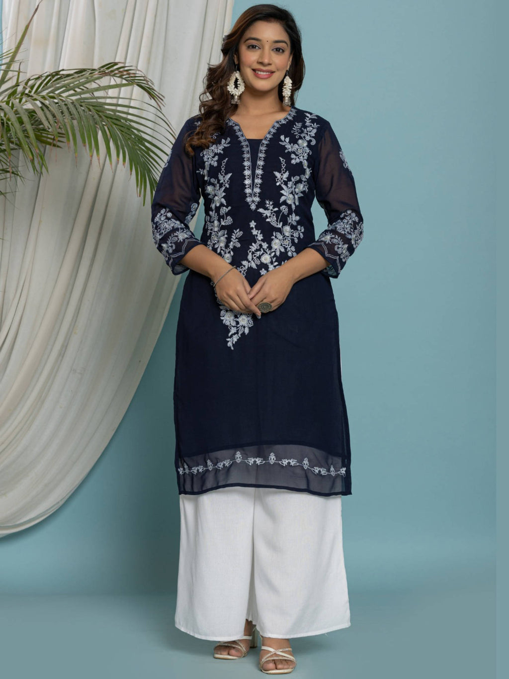 Thread Embroidered Georgette Kurta with Lining - Mustard | KDG - view 16