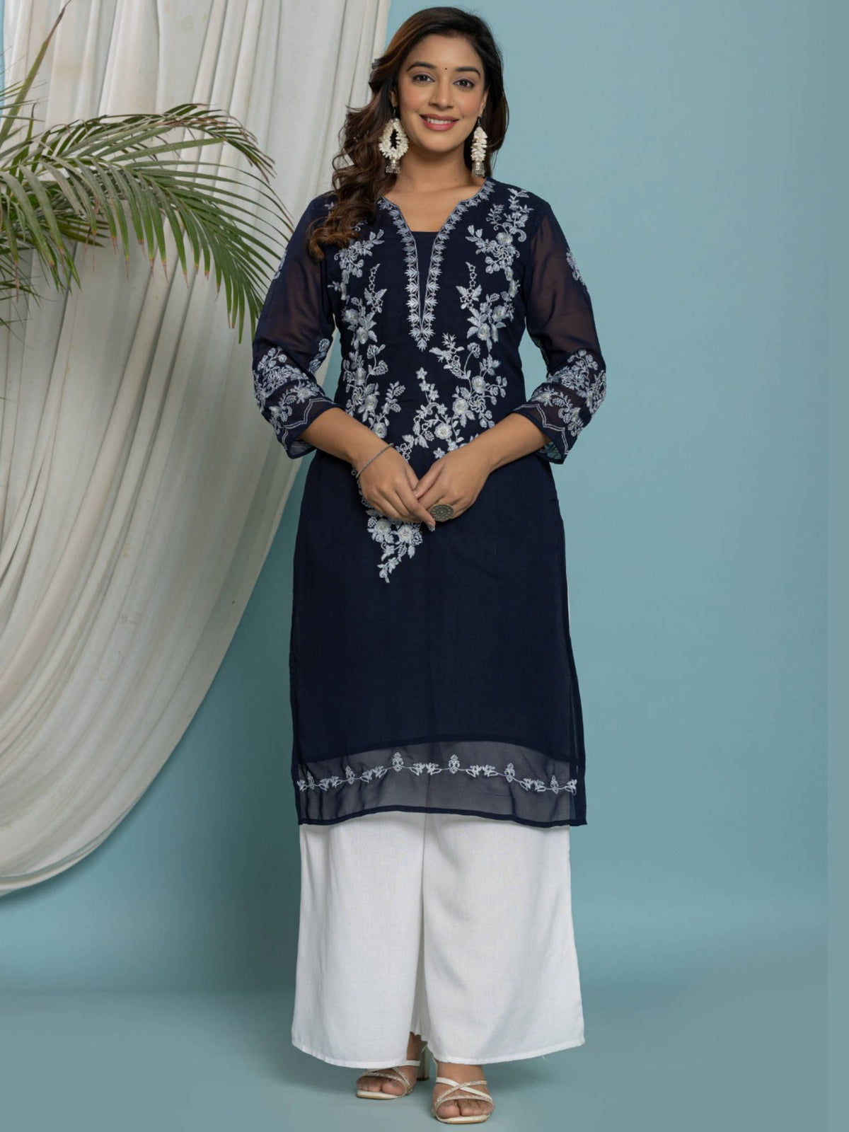 Thread Embroidered Georgette Kurta with Lining - Mustard | U3S - view 16