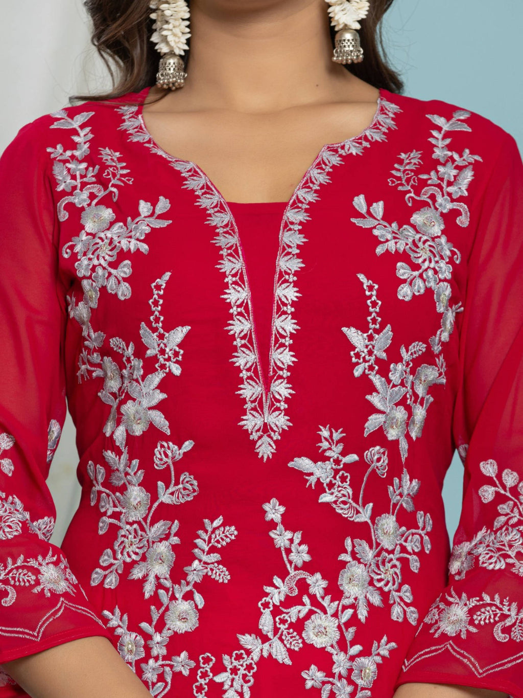 Thread Embroidered Georgette Kurta with Lining - Pink | KDG - view 3