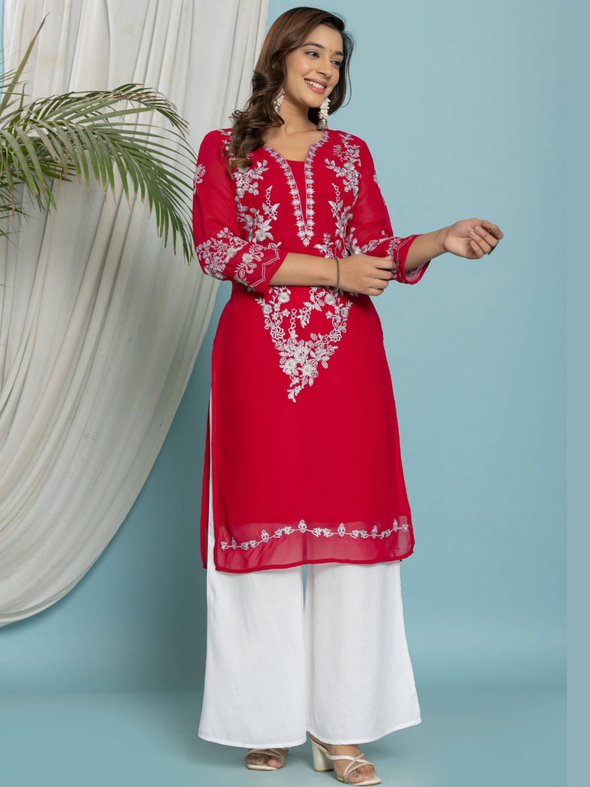 Thread Embroidered Georgette Kurta with Lining - Mustard | U3S - view 12