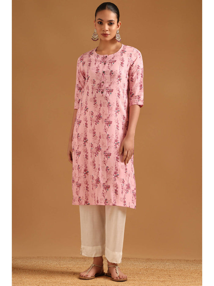 Pink Floral Round Neck Kurta | FY93 - view 1