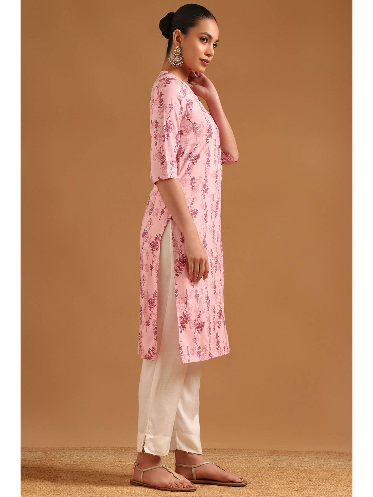 Pink Floral Round Neck Kurta | KDG - view 3