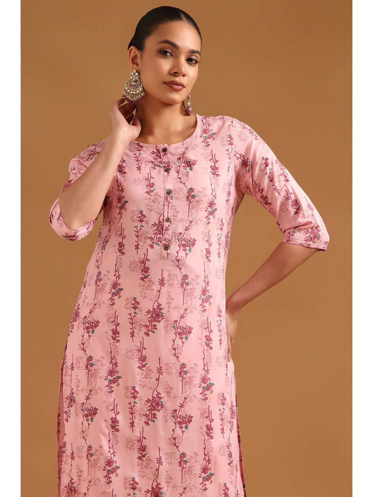 Pink Floral Round Neck Kurta | KDG - view 5