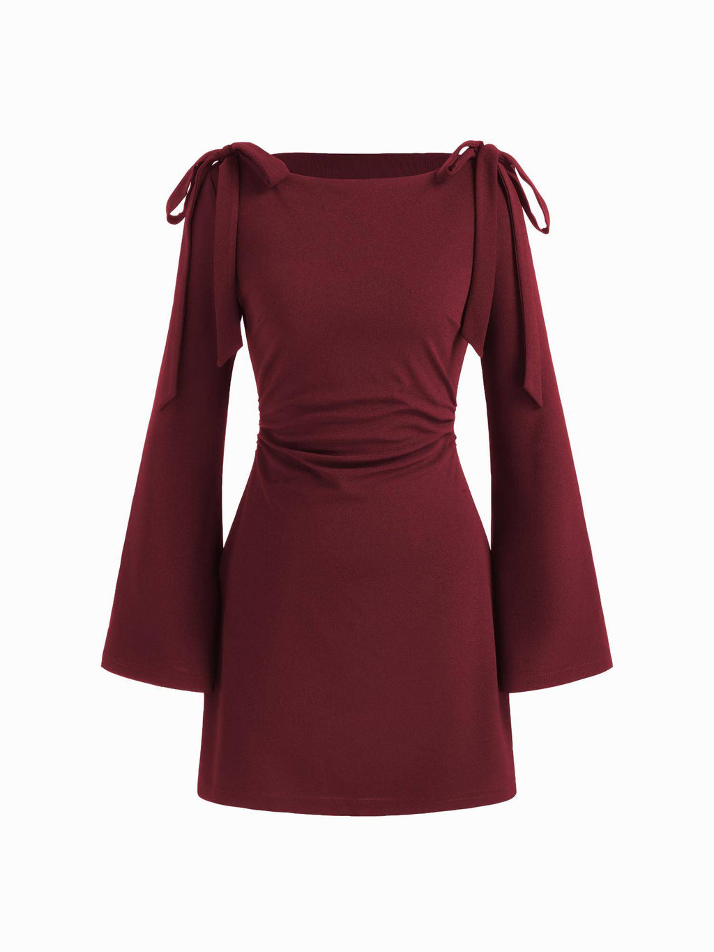 Boat Neckline Solid Ruched Bowknot Mini Dress | D56 - view 21