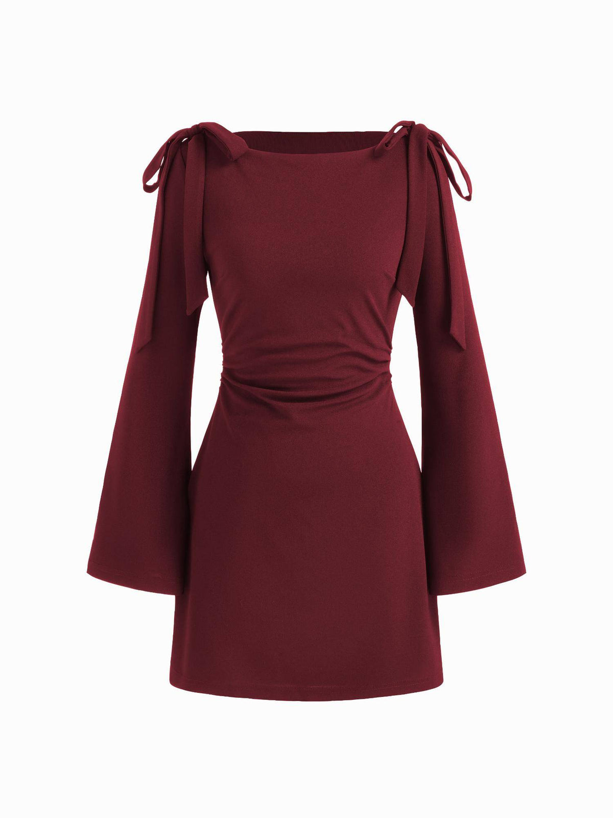 Boat Neckline Solid Ruched Bowknot Mini Dress | D56 - view 21