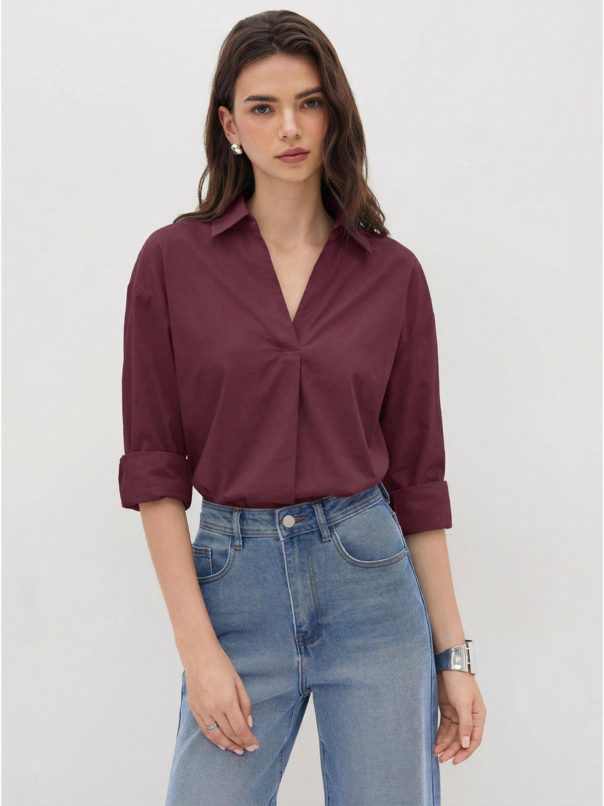 100% Cotton Collar Roll-up Sleeve Shirt Bodysuit | CI9 - view 27
